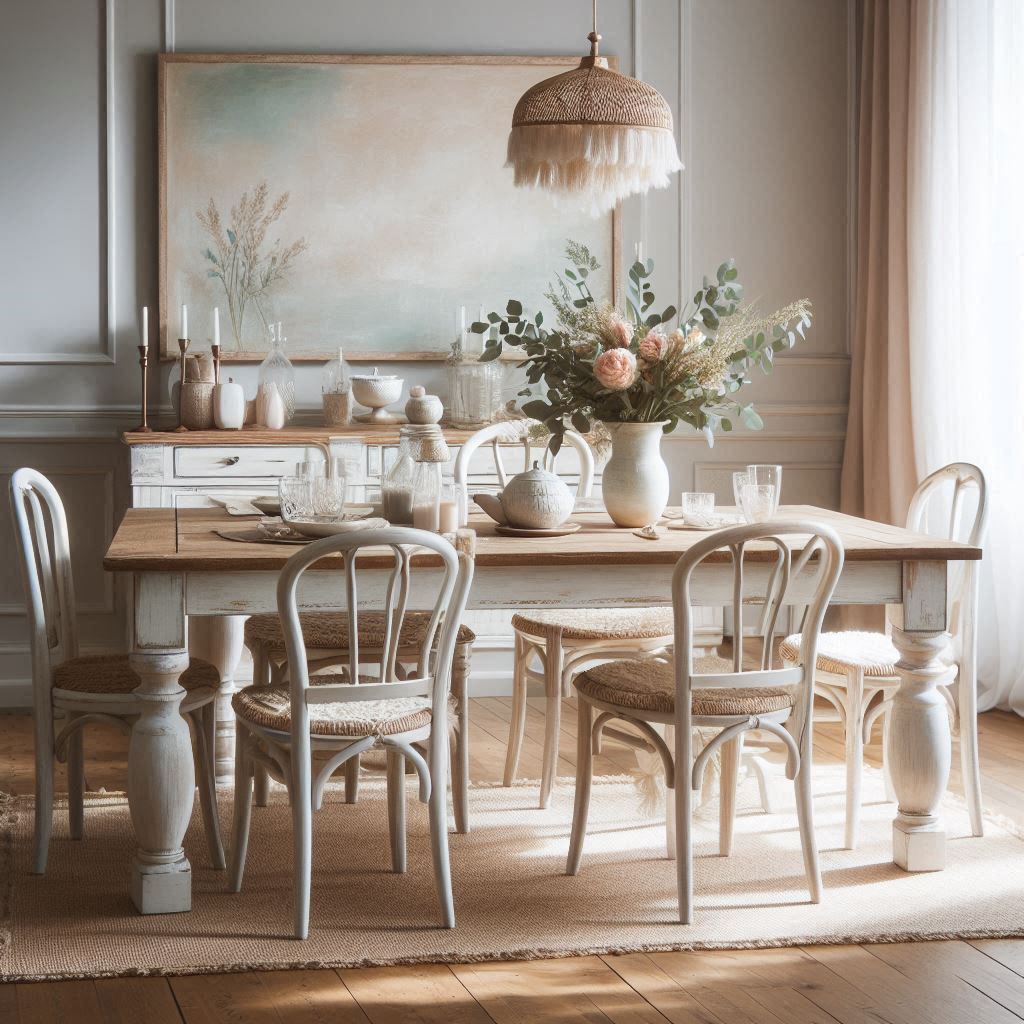 Una mesa de comedor blanca decapada con sillas de madera en tonos pastel